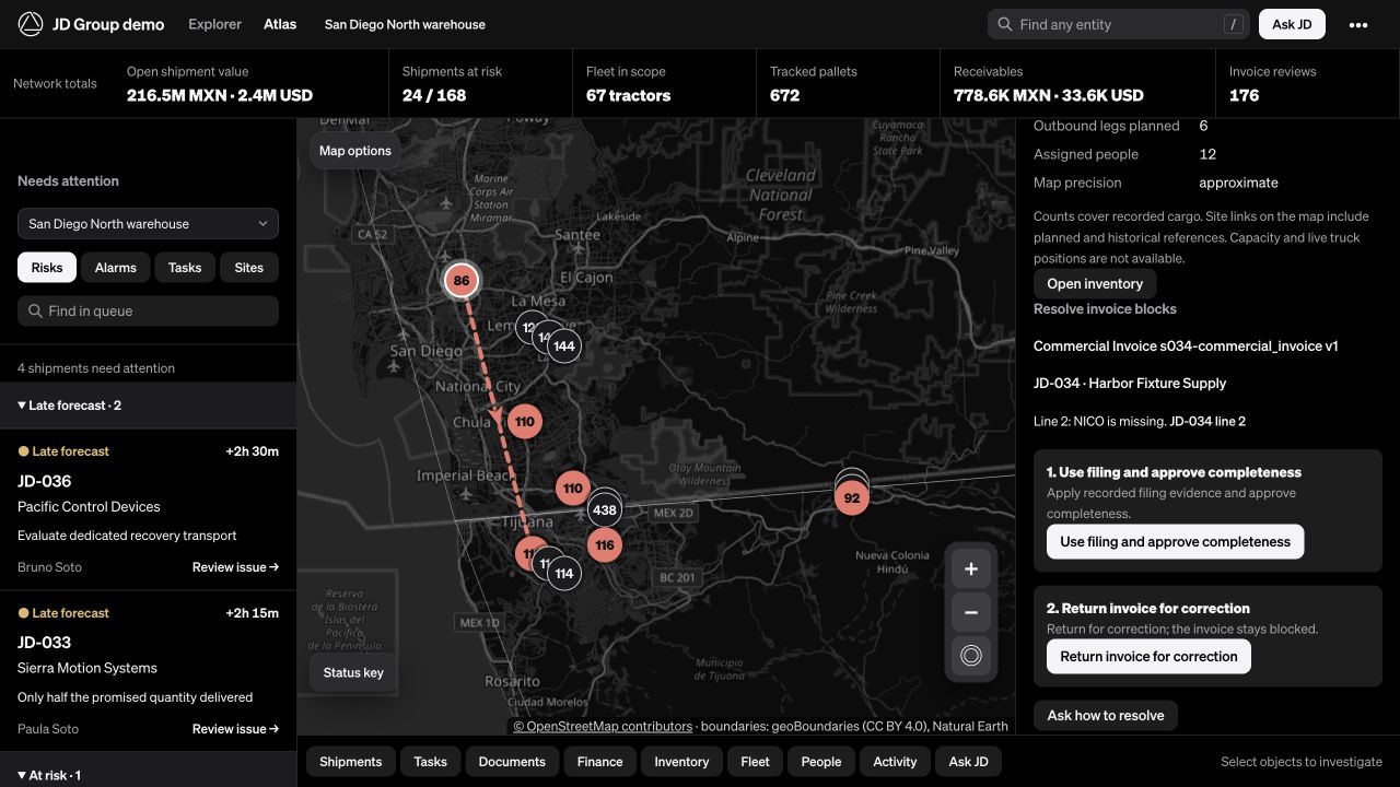 Sophon Atlas demo showing shipment risks, a logistics map and invoice action options.