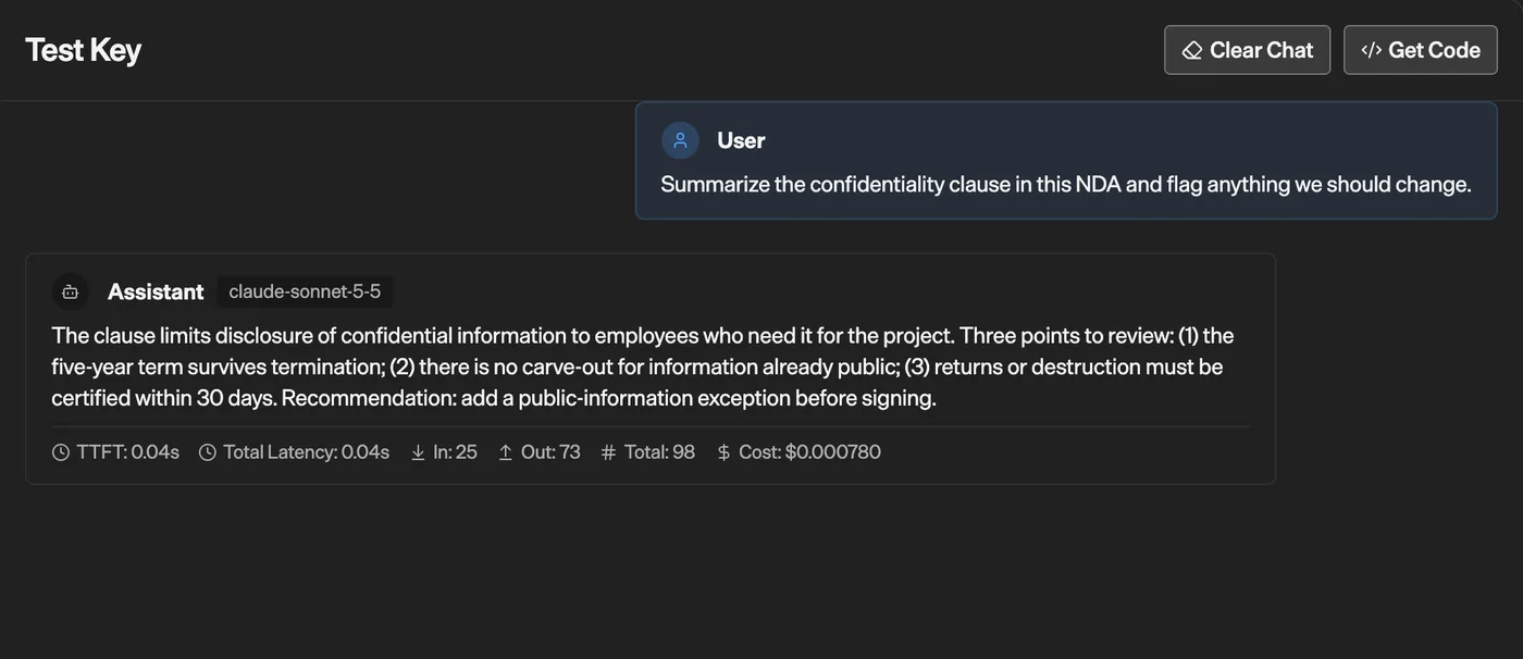 A demo NDA prompt and answer with model, token usage, speed, and request cost