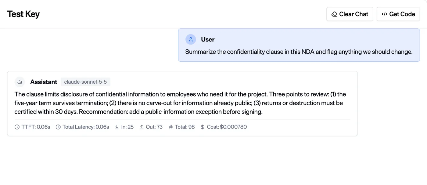 A demo NDA prompt and answer with model, token usage, speed, and request cost