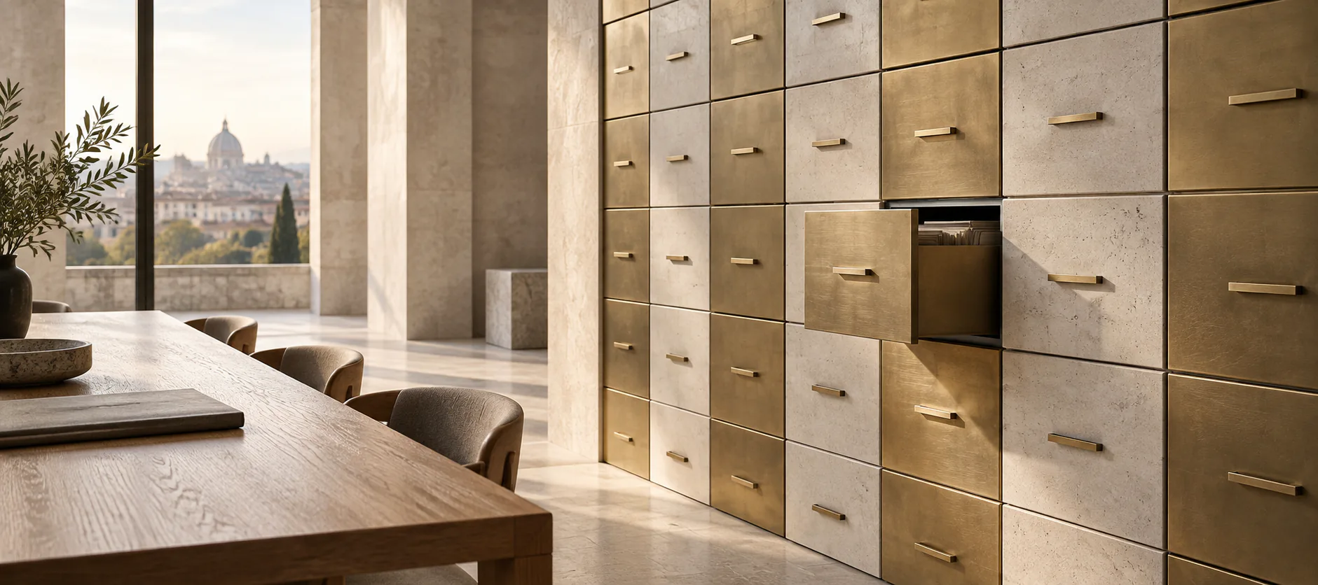 Secure archive of stone and brass drawers beside a review table.