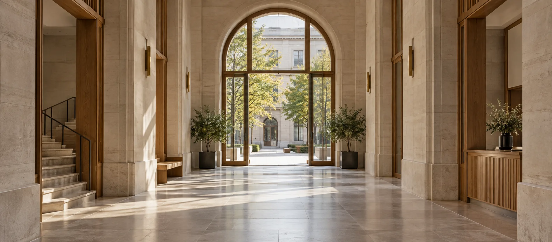 Sunlit European civic building with limestone walls, warm timber, and an open public courtyard.
