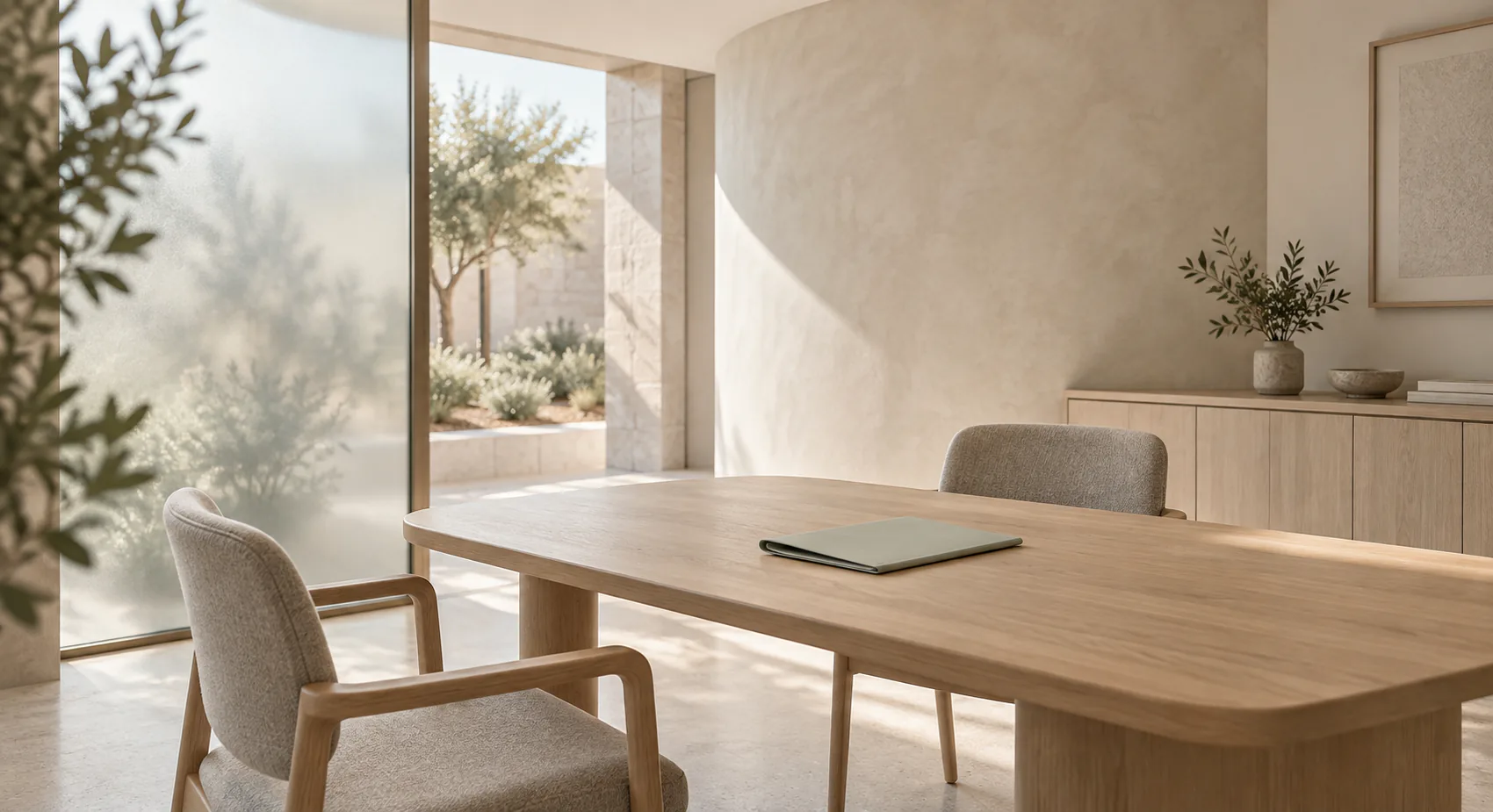Calm healthcare review room with a closed folder on a consultation table.