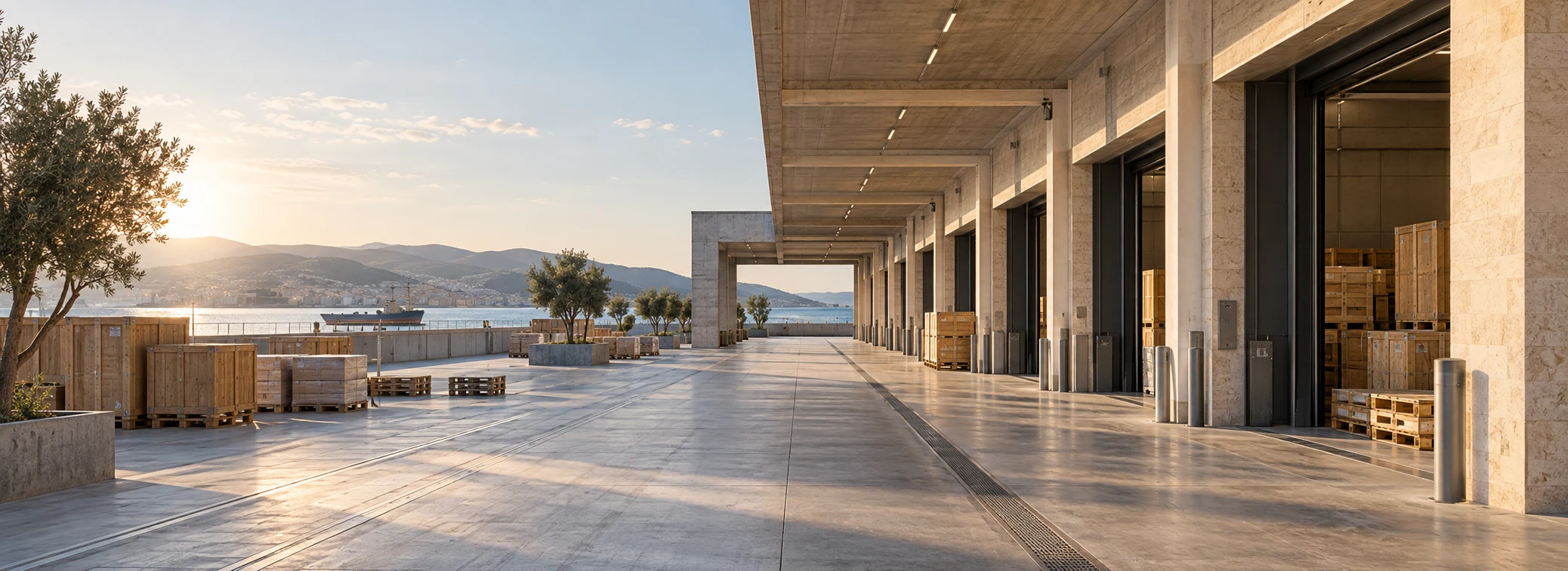 Centro de distribución mediterráneo con muelles ordenados y cajas de transporte junto al mar.