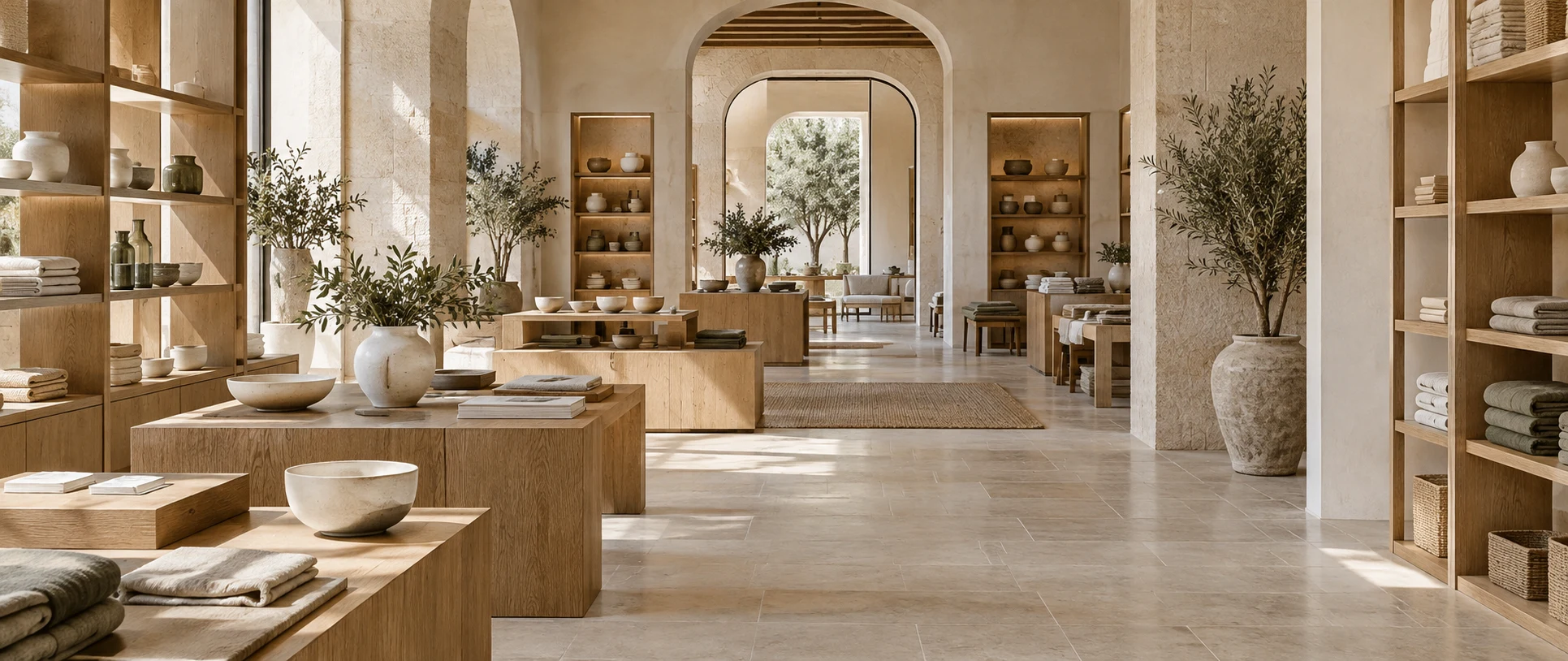 Quiet Mediterranean retail interior with limestone walls, oak displays, ceramics, and textiles.