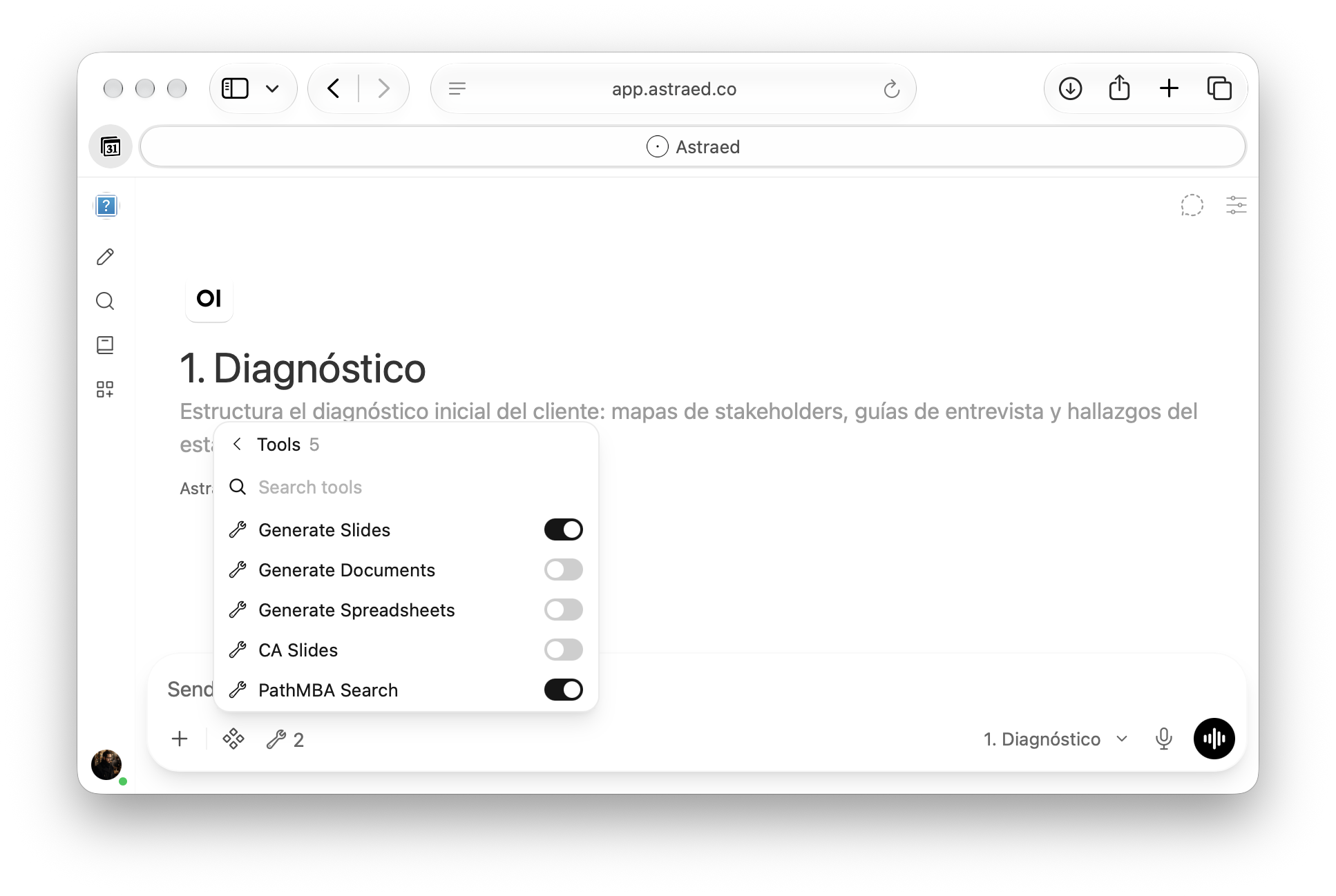 Astraed workspace showing available tools for generating client-ready deliverables